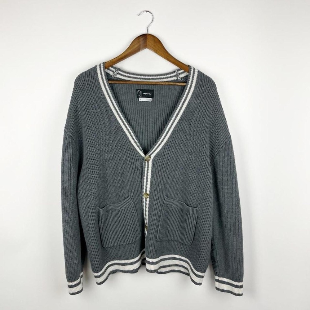 Gray Chunky Knit Cardigan Sweater XL Grunge Indie Classic Preppy Oversized